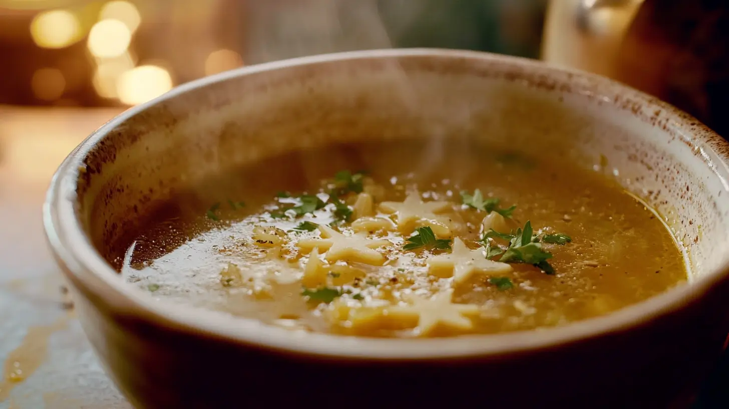 A steaming bowl of pastina soup garnished with fresh parsley and Parmesan, served in a rustic white bowl on a wooden table.