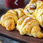 A close-up view of freshly baked Gipfeli, also known as Swiss croissants, dusted with powdered sugar, showcasing a light, flaky texture and a filling of chocolate. This Gipfeli recipe results in golden, crisp pastries, perfect for breakfast or a snack.