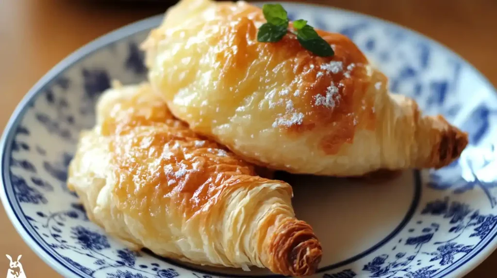 Two golden-brown Gipfeli (Swiss croissants) with a flaky, crispy texture, lightly dusted with powdered sugar and garnished with a fresh mint leaf, served on a blue and white patterned plate.