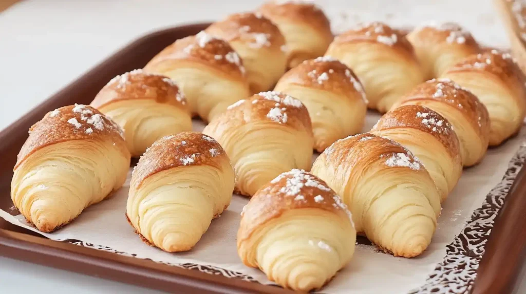 Freshly baked Gipfeli (Swiss croissants) with a golden, flaky crust and delicate layers, neatly arranged on a parchment-lined baking tray. The pastries are lightly dusted with powdered sugar, highlighting their crisp, buttery texture.