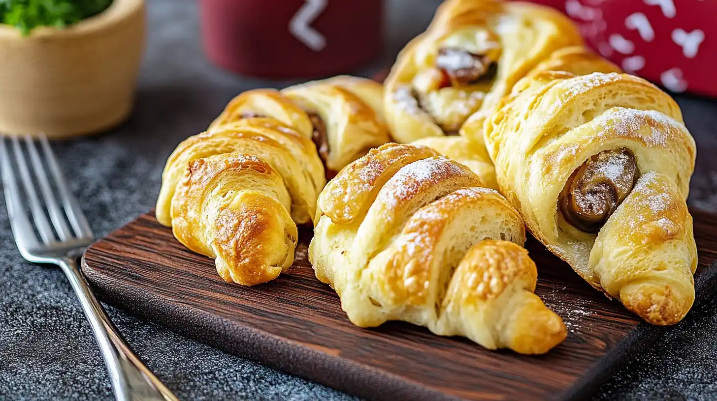 A close-up view of freshly baked Gipfeli, also known as Swiss croissants, dusted with powdered sugar, showcasing a light, flaky texture and a filling of chocolate. This Gipfeli recipe results in golden, crisp pastries, perfect for breakfast or a snack.