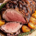 Juicy ribeye roast recipe with a perfectly seared crust, sliced to reveal a tender, medium-rare center, served with roasted potatoes and fresh thyme.