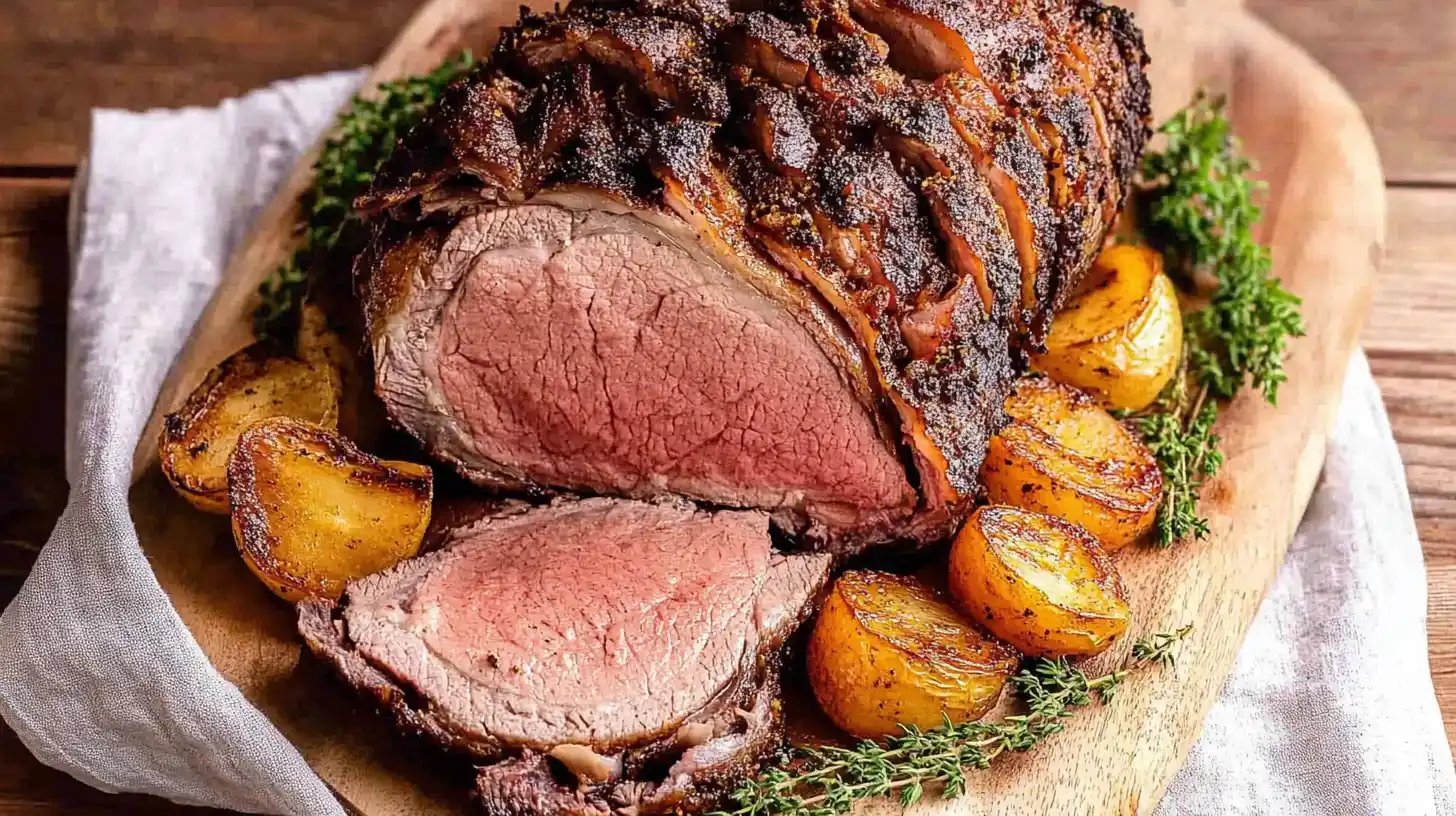 Juicy ribeye roast recipe with a perfectly seared crust, sliced to reveal a tender, medium-rare center, served with roasted potatoes and fresh thyme.