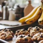 Freshly baked Banana Bread Cookies with chocolate chips on a wooden tray, featuring ripe bananas and baking ingredients for an easy dessert recipe.