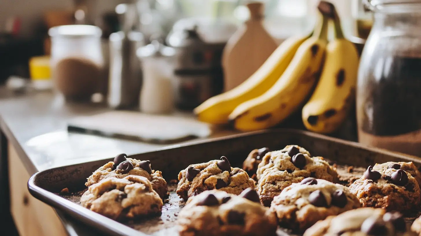 Freshly baked Banana Bread Cookies with chocolate chips on a wooden tray, featuring ripe bananas and baking ingredients for an easy dessert recipe.