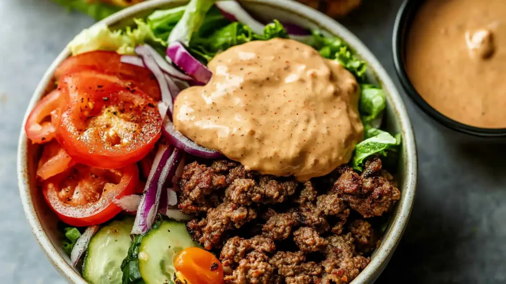 A flavorful Beef Burger Bowl Recipe with seasoned ground beef, fresh lettuce, sliced tomatoes, red onions, cucumbers, and a generous drizzle of creamy special sauce, served in a bowl.