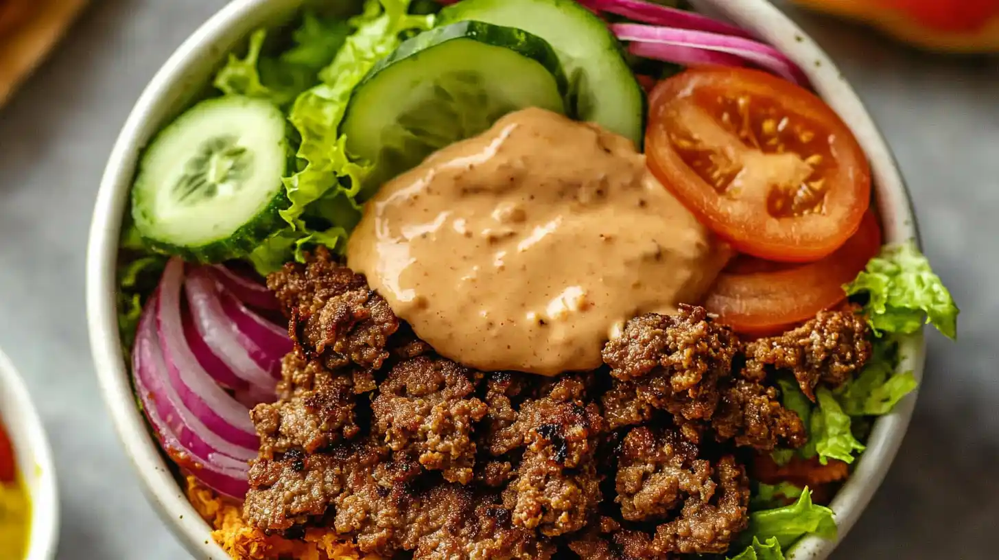 Close-up of a delicious Beef Burger Bowl Recipe featuring seasoned ground beef, fresh lettuce, sliced cucumbers, tomatoes, red onions, and a creamy special sauce.