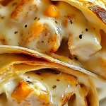 Cheesy Garlic Chicken Wraps filled with tender, seasoned chicken, creamy melted cheese, and flavorful garlic sauce, wrapped in a golden, toasted tortilla.