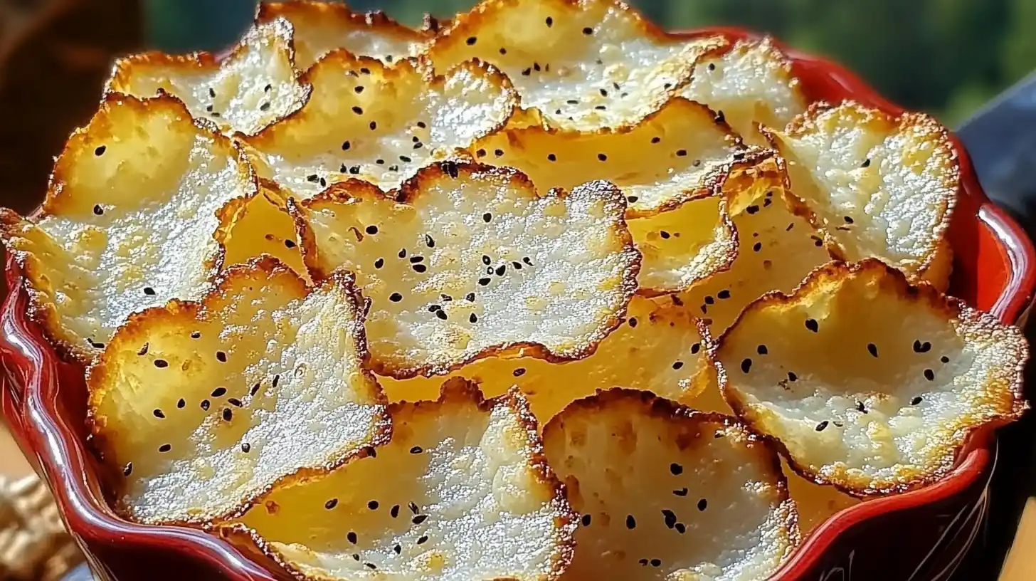 Crispy cottage cheese chips in a red bowl, golden brown and sprinkled with black seeds – a high-protein, low-carb snack.