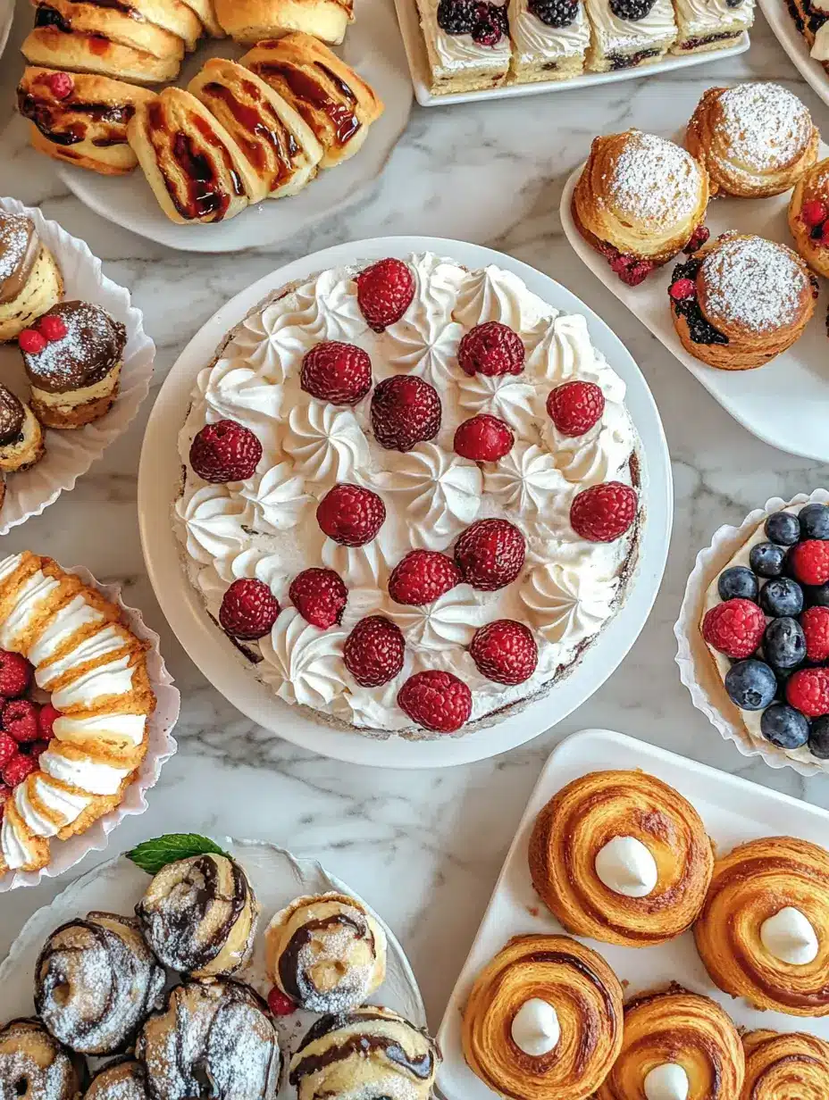 Assorted pastries and a raspberry whipped cream cake arranged beautifully on a marble table.

