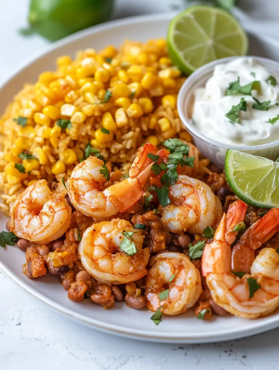 Vibrant shrimp plate with seasoned rice, sweet corn, creamy sauce, and lime wedges garnished with fresh cilantro.