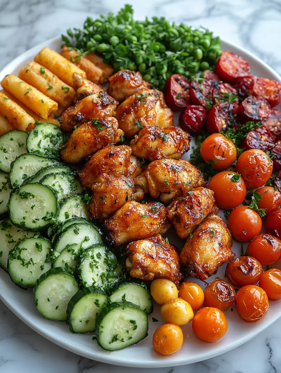 Grilled chicken with colorful vegetables including cucumbers, cherry tomatoes, greens, and rolled cheese on a white plate.